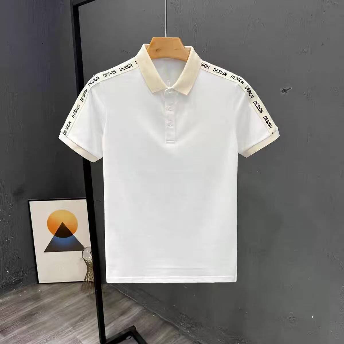 Men's Slim Fit Short Sleeve Polo Shirt Casual Summer Trendy T-Shirt With Lettering Patchwork Versatile Personalized Collar
