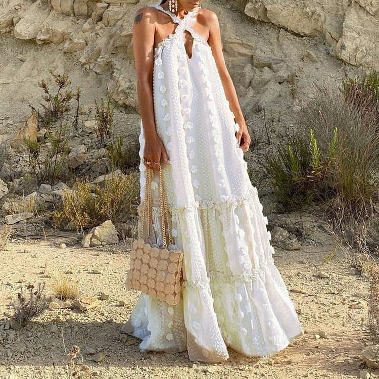 Women's Pure Color Fashion Three-dimensional Flower Floor-Mopping Cake Skirt Cross-border Long Skirt Women's Halter Skirt