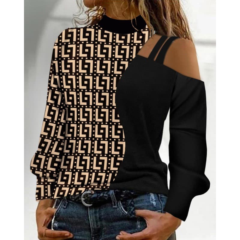 Women's Autumn And Winter Simple Off-shoulder Geometric Color Block Pattern Long-sleeved Top For Women