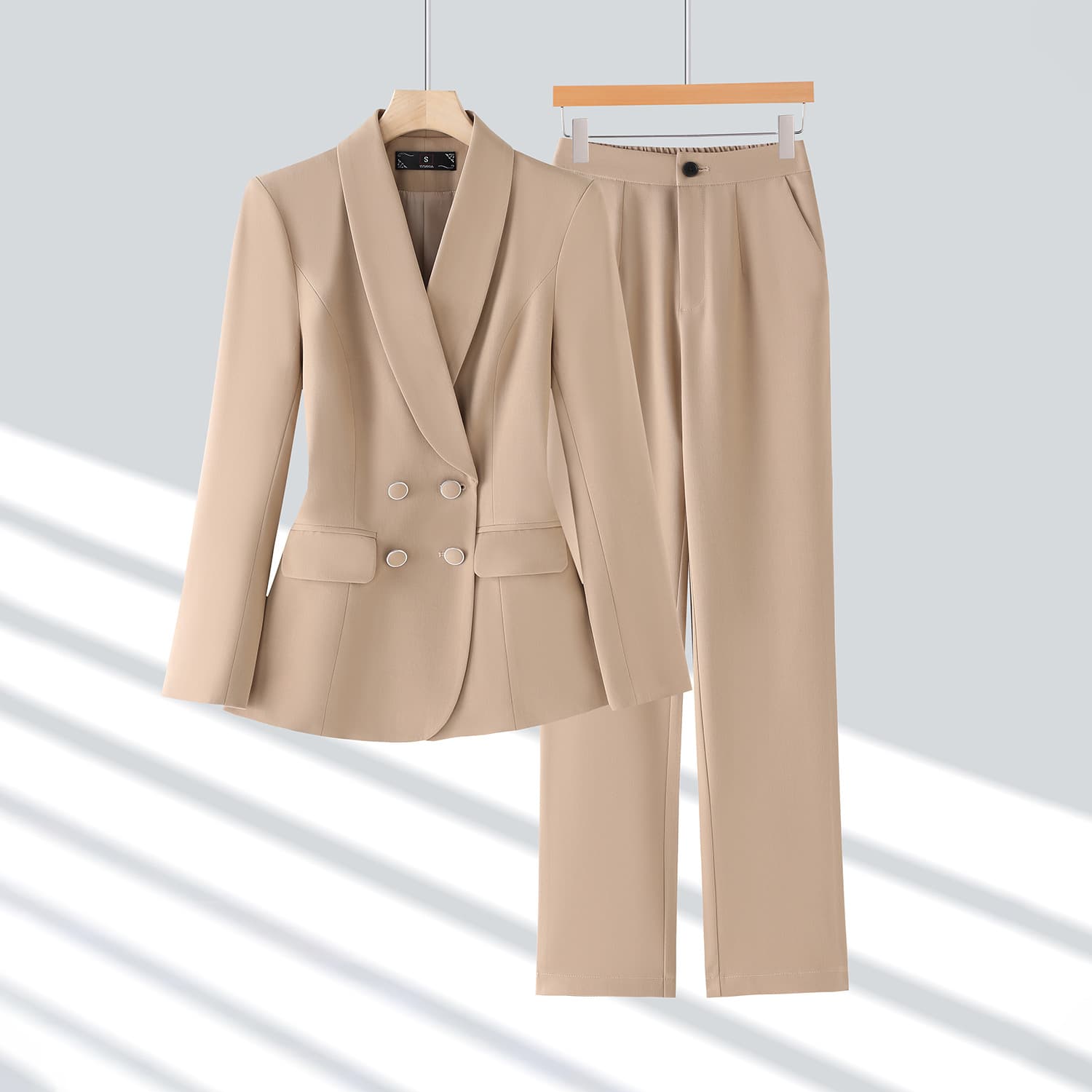 Women's Khaki Suit Set - Professional Blazer & Pants For Office Workwear, Autumn Business Attire With Stretch Comfort