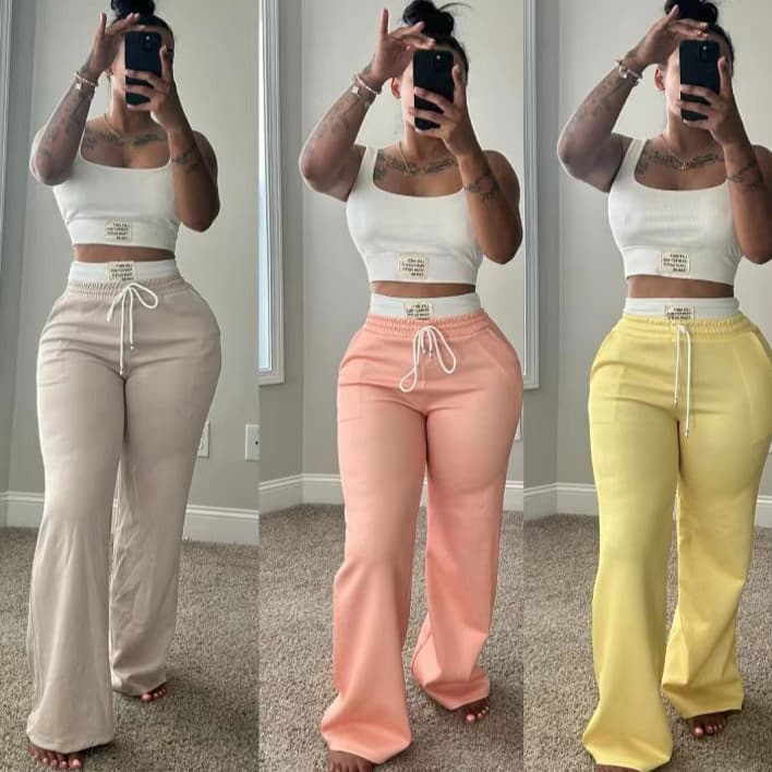 European And American New Contrast Color Double Waistband Layered Loose Sports Street Casual Trousers Two Piece Suit For Women