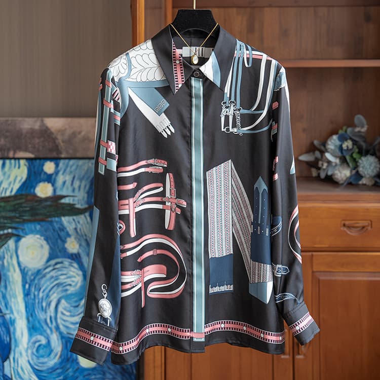 Women's Clothing Belt Abstract Print Twill Silk Mulberry Silk Shirt