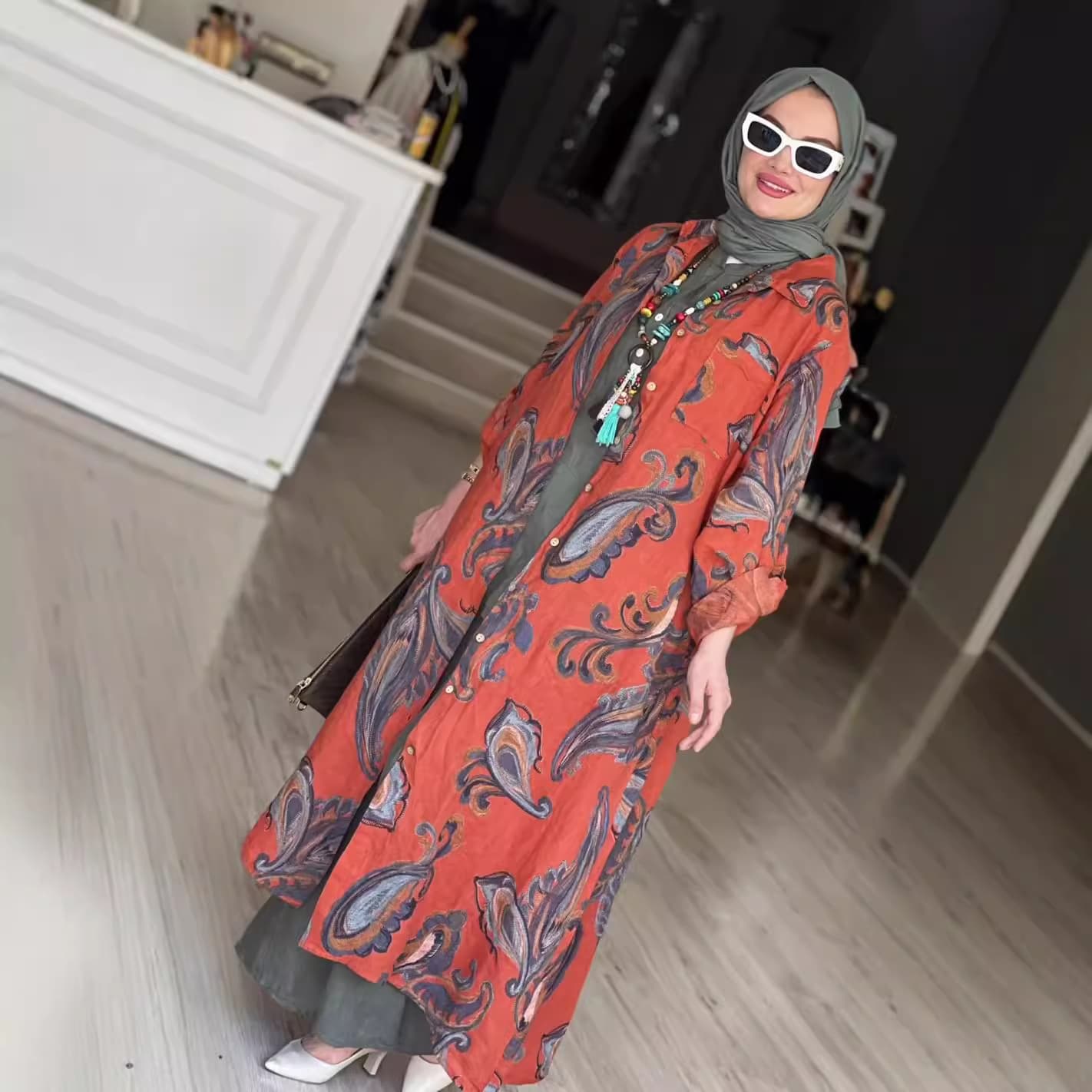 Muslim Women's Clothing New Printed Fashion Cardigan Jacket Loose Large Size Dress Robe
