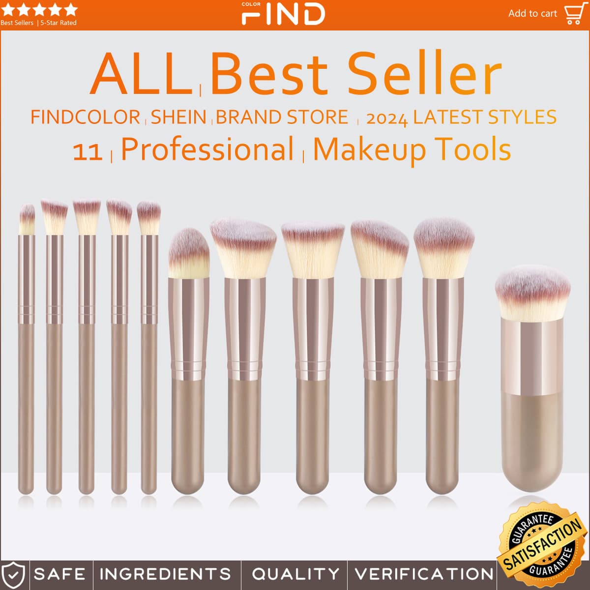 11-Piece Champagne Makeup Brush Set - 5 Large & 5 Small Brushes With Unique Chubby Foundation Brush