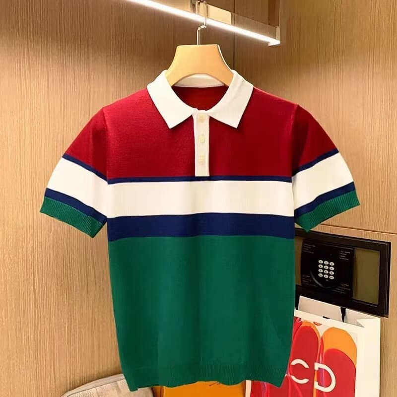 Men's Clothing Summer Fashion Contrast Color Yuppie Short Sleeved T Shirt Light Luxury Retro Casual Personality Color Matching Knitted Polo Shirt