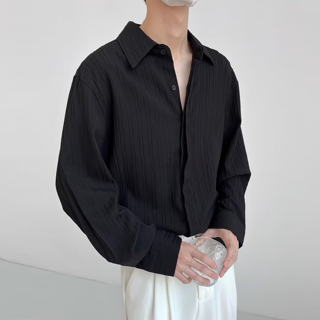 Advanced Style Shirt Men's Long Sleeved Pleated Shirt Ice Silk New Style Cool Casual Top Men
