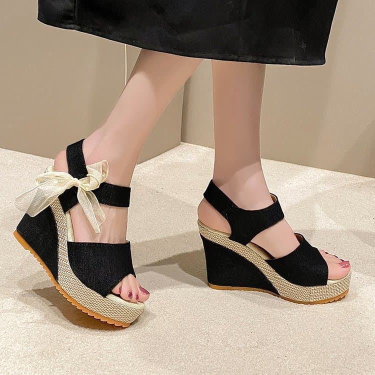 New Long Ter Woen's Sandals With Slope Heel Lace Fish Mouth Feale Velcro One Line Buckle And Elastic Cake Thick