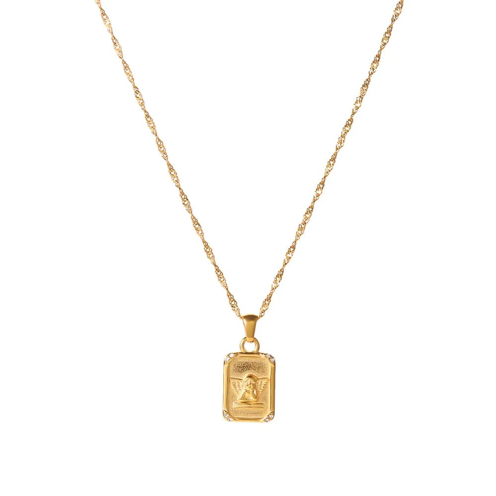 Designer French Vintage Necklace for Women Square Relief Angel Pendant Titanium Steel Gold Party Travel Summer Jewelry
