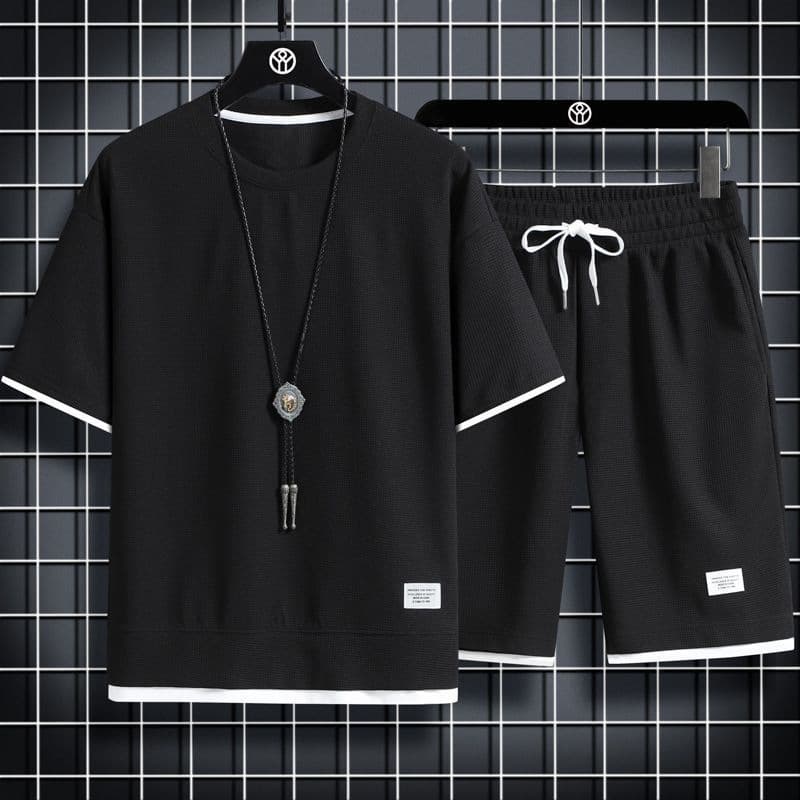 Men's Waffle Casual Suit Short-Sleeved T-Shirt Two-Piece Suit Men's Clothing Set With Trendy Brand Sports Tops