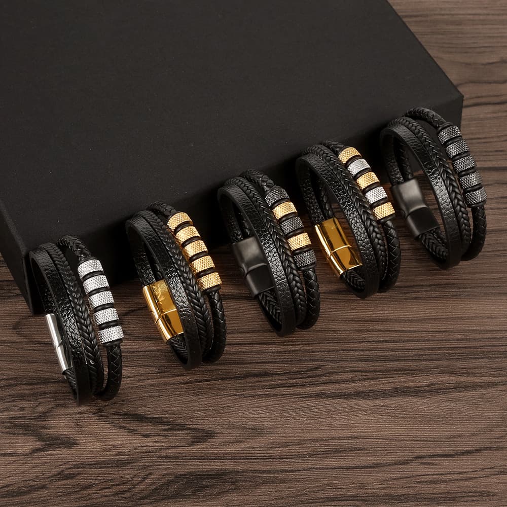 Trendy Creative Double-Layer Stainless Steel Cylinder Knurled Leather Bracelet Men's Woven Simple Hand Rope