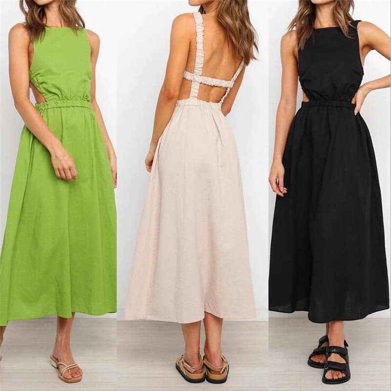 Dress sexy sleeveless suspender backless elastic waist dress