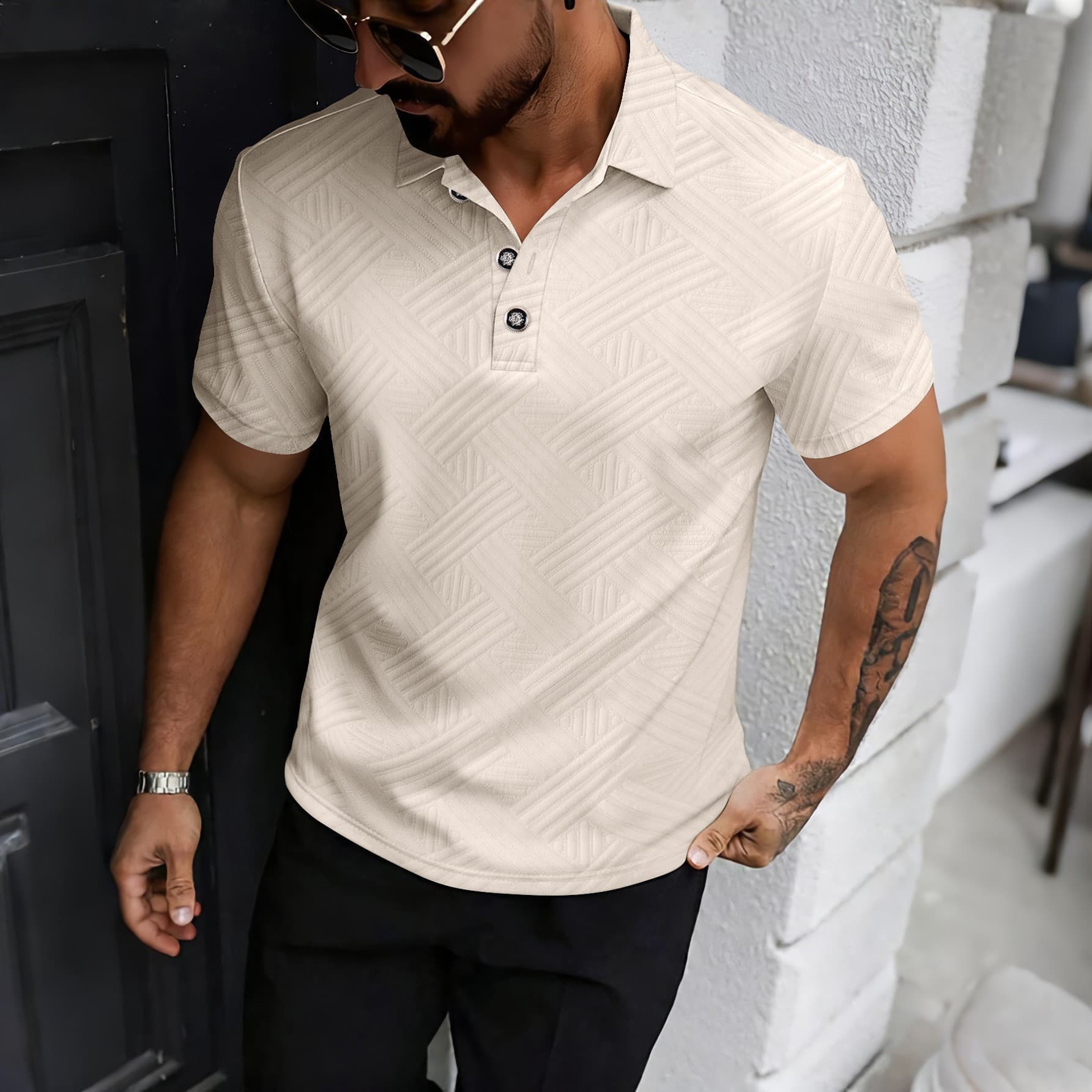 Men's Classic -Style Polo Shirt – Breathable Jacquard Knit, Short-Sleeve Business Casual Top (S-XXXL, Poly-Cotton Blend, Solid Colors, Split Hem)