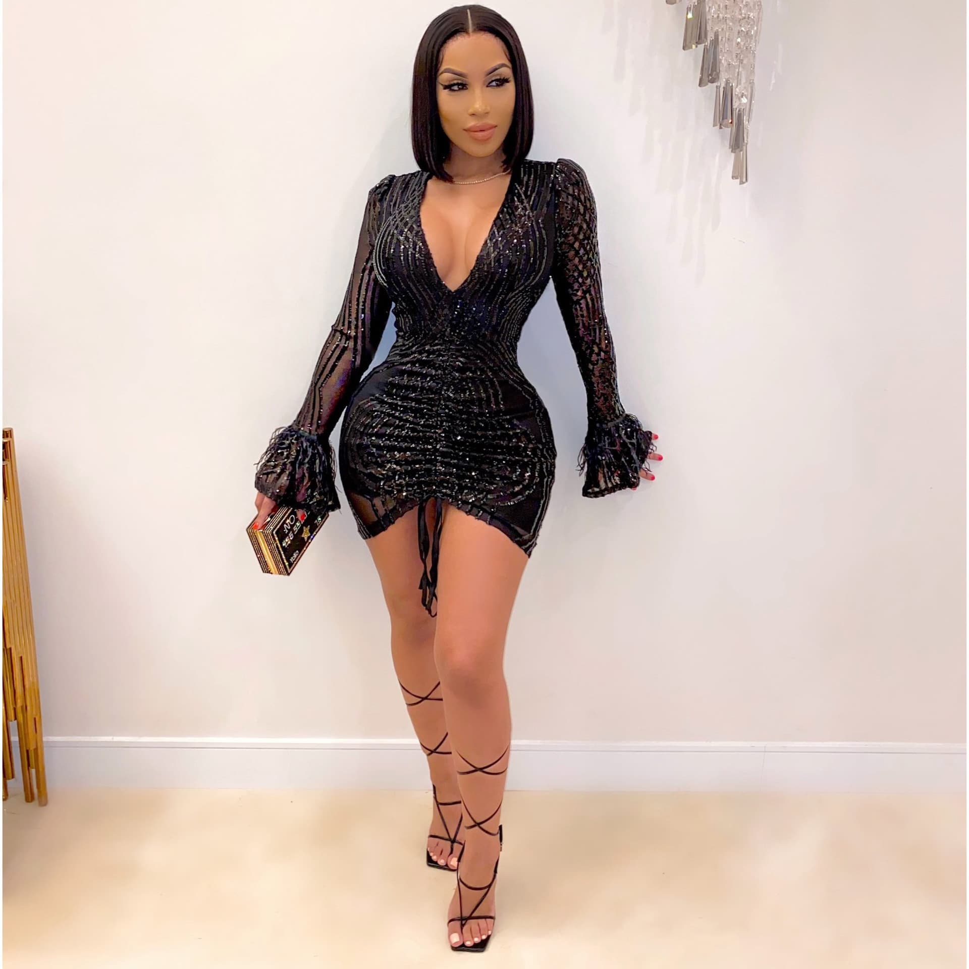 Women's Clothing V-neck Lantern Sleeve Sequin Sexy A-line Dress