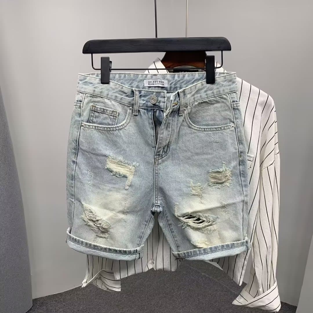 Men's Clothing 2025 Summer Trend Scratched Hole Denim Shorts Ins Fashion Brand Personalized Side Whisker Splicing Five Point Shorts