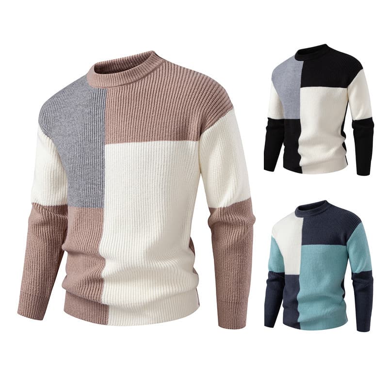 Men's Fashion Knit Sweater With Color Block Design, Round Neck, Long Sleeve, Loose Fit, Thick Warm Pullover For Casual Wear​