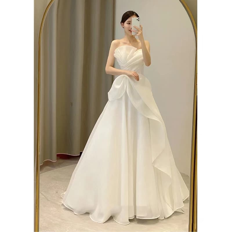 Women's Clothing Wedding dress New Bride French Light Luxury Travel Photography Simple White Gauze Skirt Out of the House Gauze Welcome Gauze Fairy