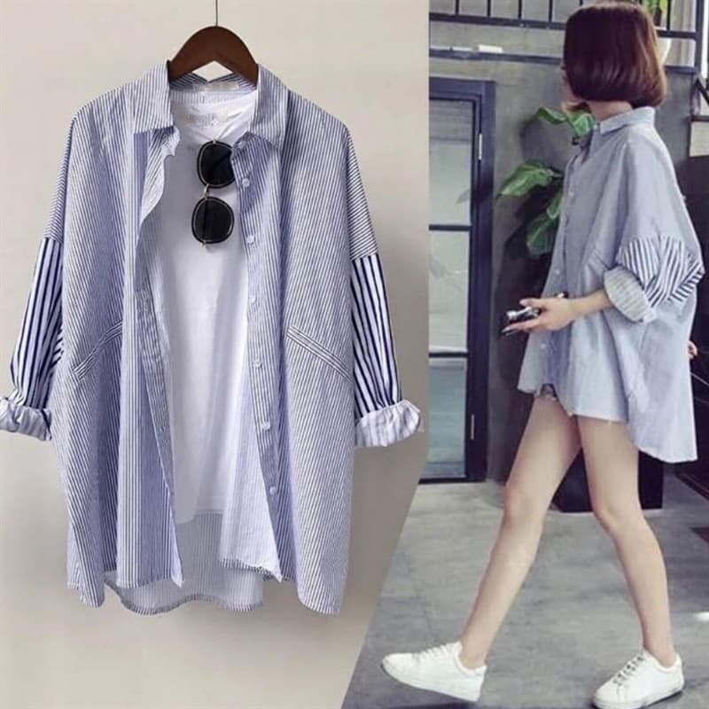 Women's Clothing Autumn striped shirt women's mid length long sleeved large size student versatile loose boyfriend style jacket village clothes