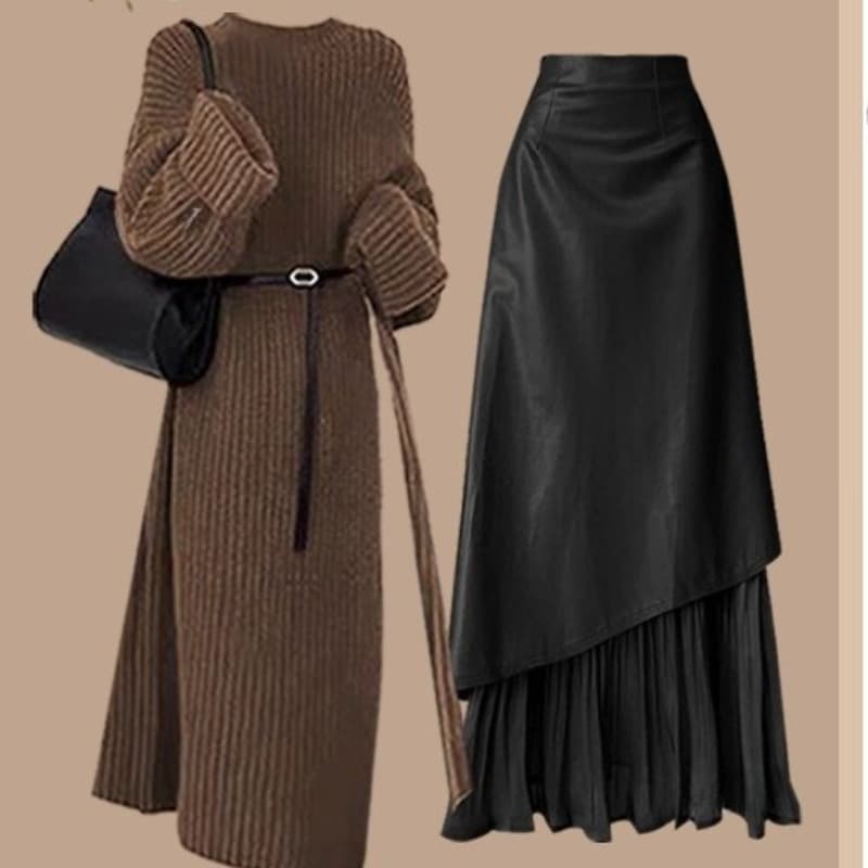 Meilade Fashionable And Elegant Knitwear Long Sweater And High-Waisted Skirt Set. No Bag.