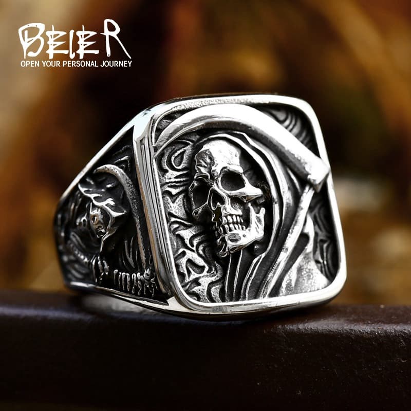 Beier Cross-Border New Stainless Steel Men's Wholesale European And American Punk Hip-Hop Grim Reaper Skull Ring