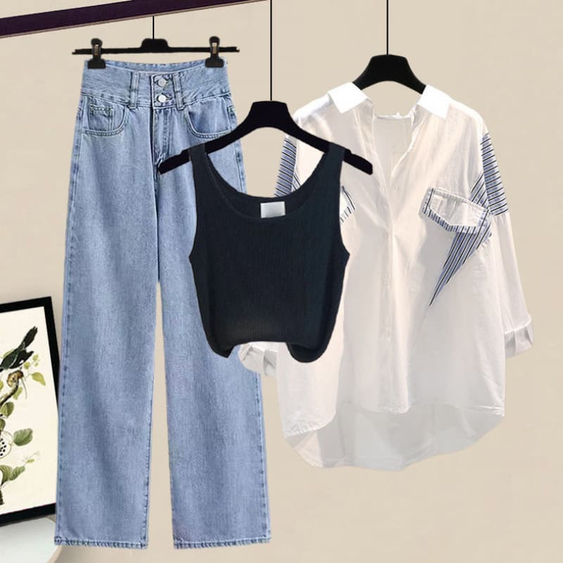 Women's Clothing Summer Suits For Women New Large Size Women's Fashion Sun Protection Clothes Shirt Vest Slim Jeans Three Piece Suit