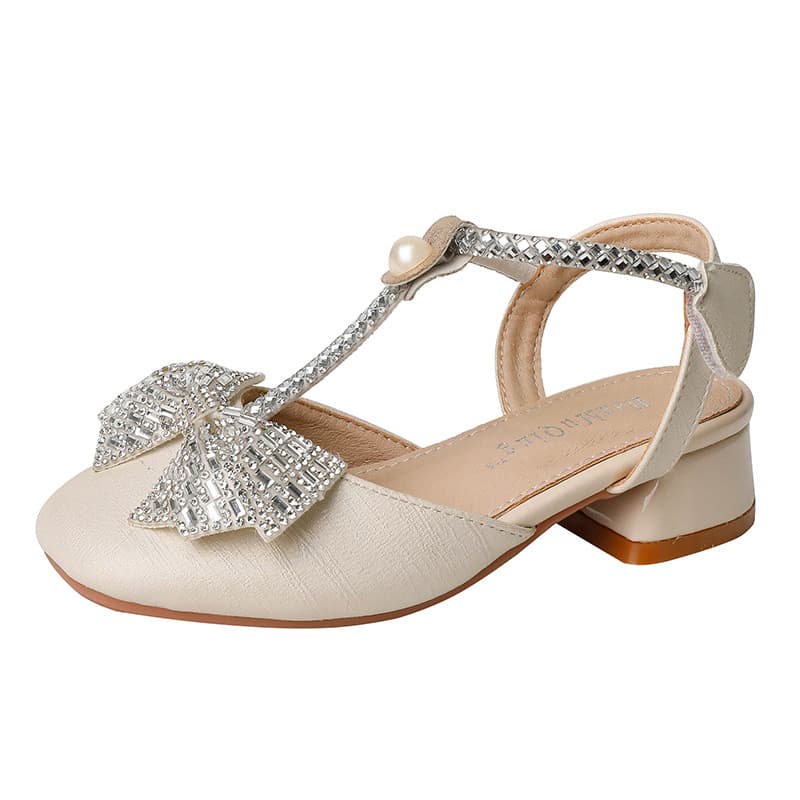 Mother & Kids Girls square toe high heels new Korean style fashion thick heel children's shoes stage performance bow rhinestone princess shoes