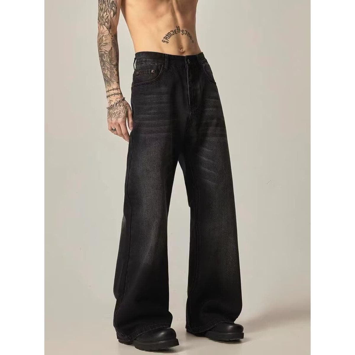 Retro High-Street Black Denim Jeans For Men – Slim Fit Bootcut Trousers With Vintage Wash & Urban Edge
