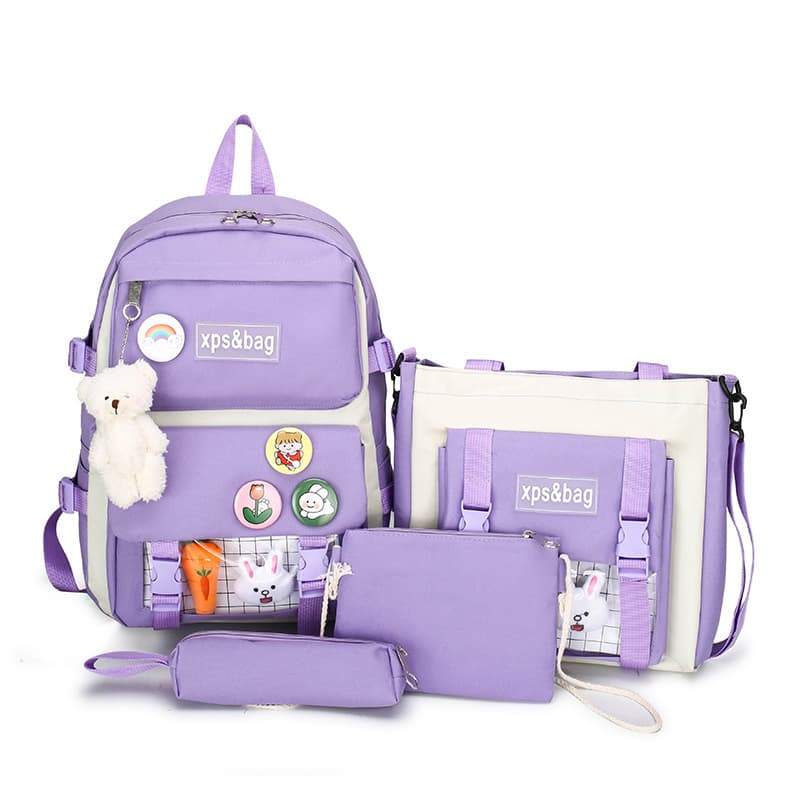 Four Piece Student Backpack For Girls, Elementary School Students, Junior High School Students Canvas Contrasting Color Backpack