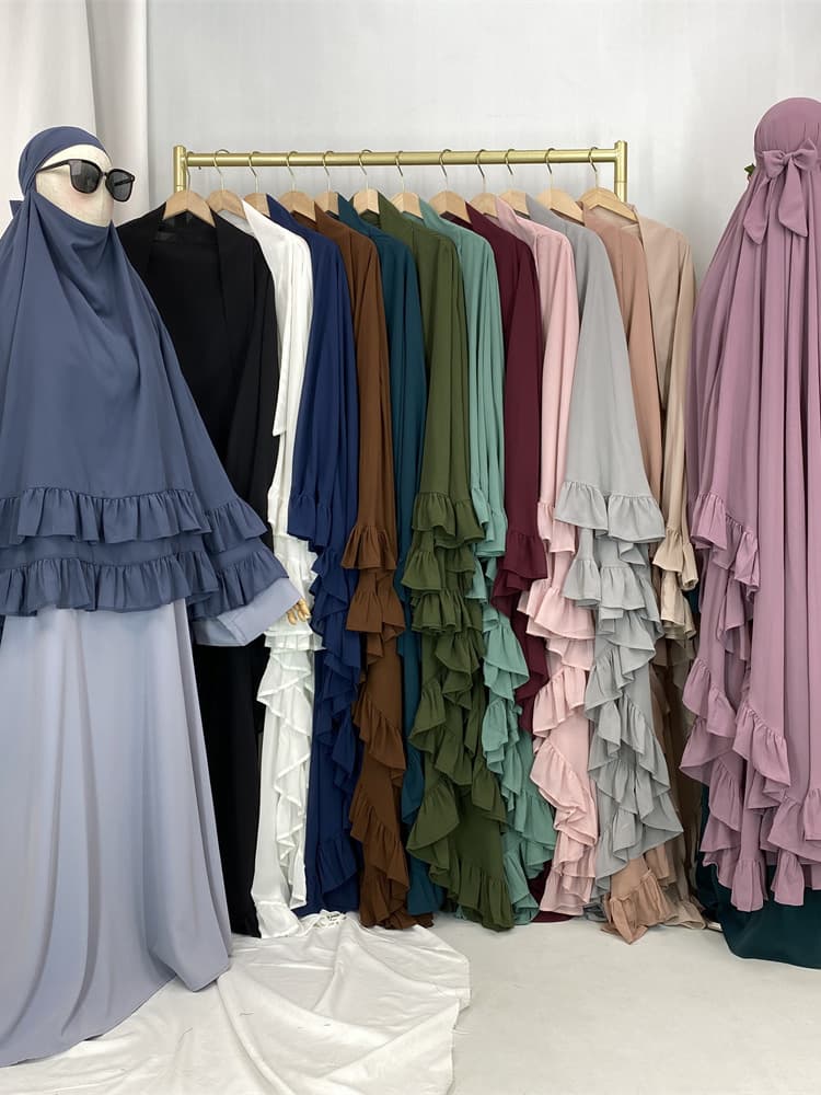 Ramadan Long Chiffon Ruffle Khimar Abaya Muslim Niqab Big Scarf Islam Prayer Clothes Eid Djellaba Double Layered Turban Hijabs