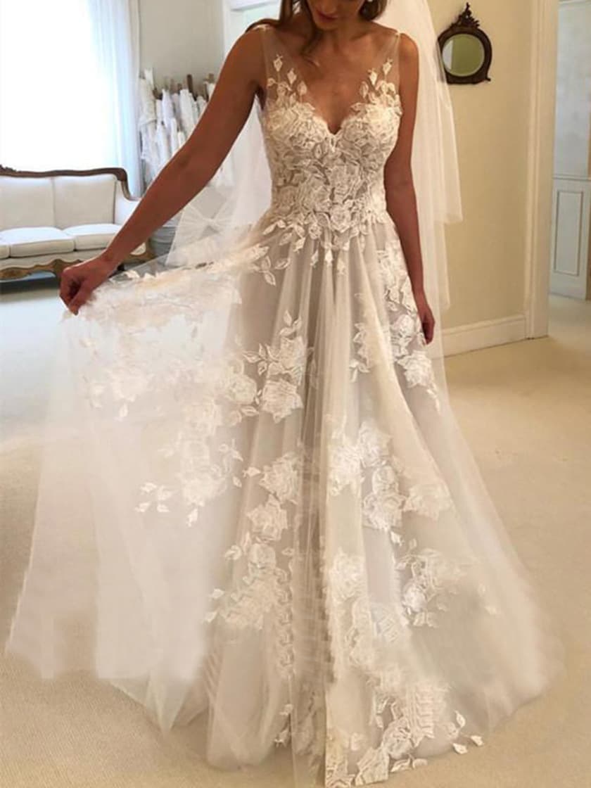 Women's Clothing Double shoulder deep V-neck slim slim lace sexy bag shoulder train wedding dress