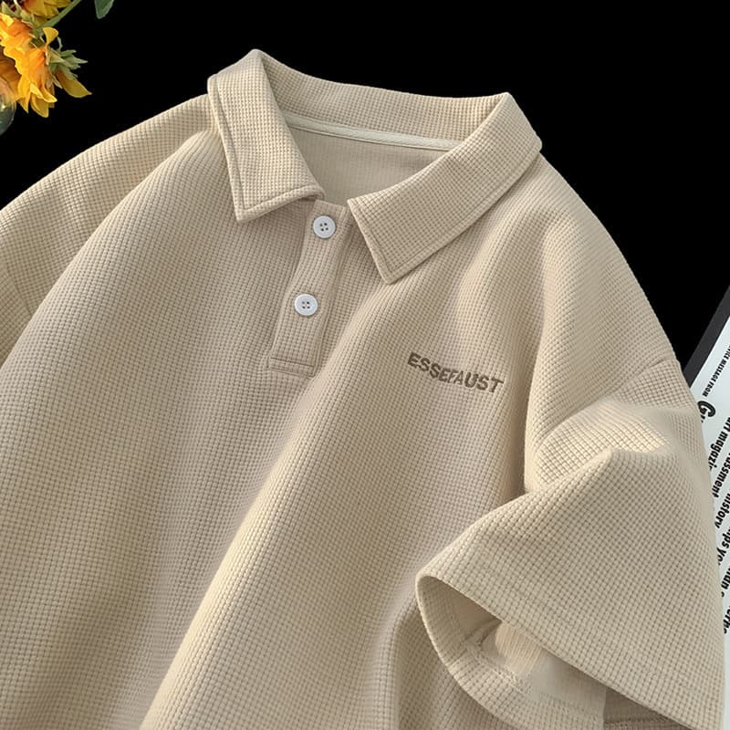 Men's Clothing Lapel Polo Shirt Short-sleeved T-shirt Men's Summer Heavy Cotton Retro Waffle Embroidery Short-sleeved T-shirt