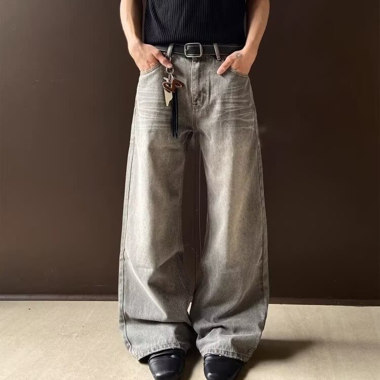 Y2K Vintage Washed Distressed High Street Cleanfit Jeans For Men - Relaxed Wide Leg Straight Denim Pants With Baggy Fit And Long Length (Gray, S-XXXL)