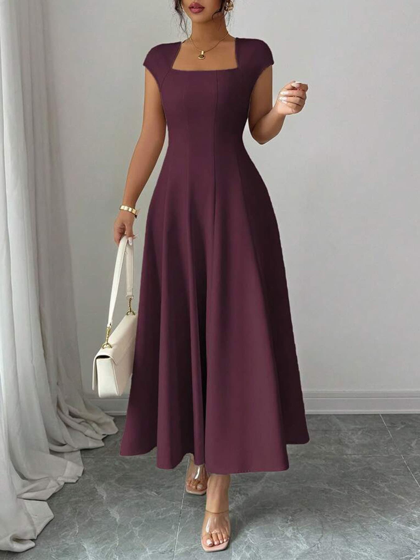 Robe longue élégante pour femme, col carré, manches courtes