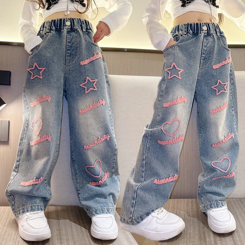 Kid's Clothing Girls jeans 2024 spring new style medium and large children's street straight wide leg pants girls fashion embroidered jeans