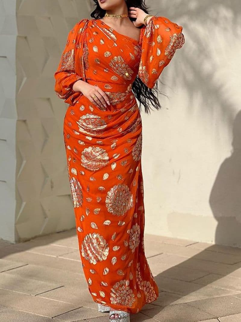Women's Clothing Sexy Printed Gold Chiffon Ball Dress Dress New