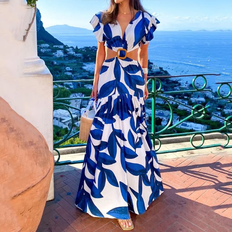 women's clothing 2024 new short-sleeved waist-exposed printed dress