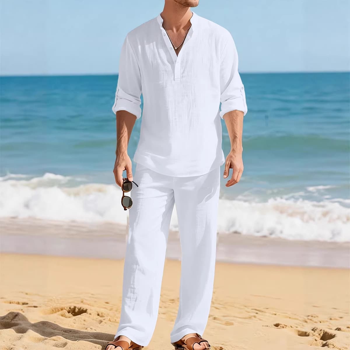 Men's Clothing Spring And Autumn Linen Solid Color Suit Casual Fashion Men's Linen Shirt & Pants Set – Breathable V-Neck Casual Suit For Spring & Fall