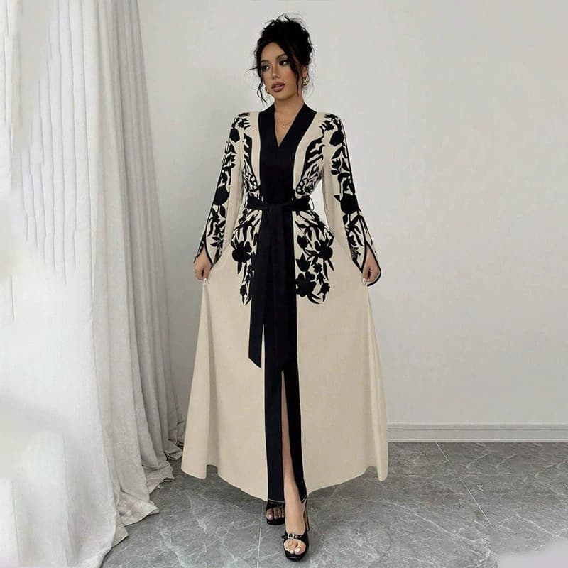 Women's Clothing V Neck Long Cardigan Dress Printed Flared Long Sleeve Tie Waist Regular Thickness For Spring/Summer