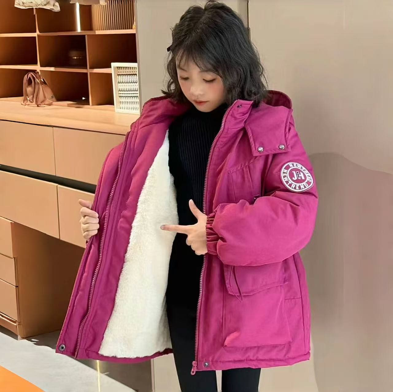 ​​Trendy Fleece-Lined Winter Jacket For Girls – Thickened Hooded Parka (Ages 8+, 120-170cm, Rose Pink/Black)​​