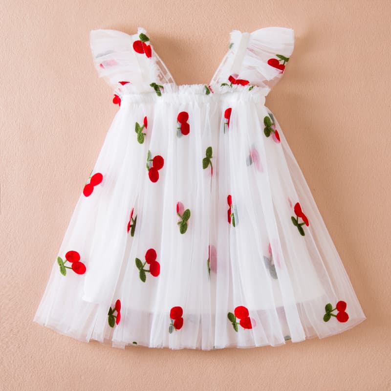 Kids’ Clothing Summer New Girls Dress Three Dimensional Wings Princess Dress Cherry Embroidery Baby Girl Mesh Skirt