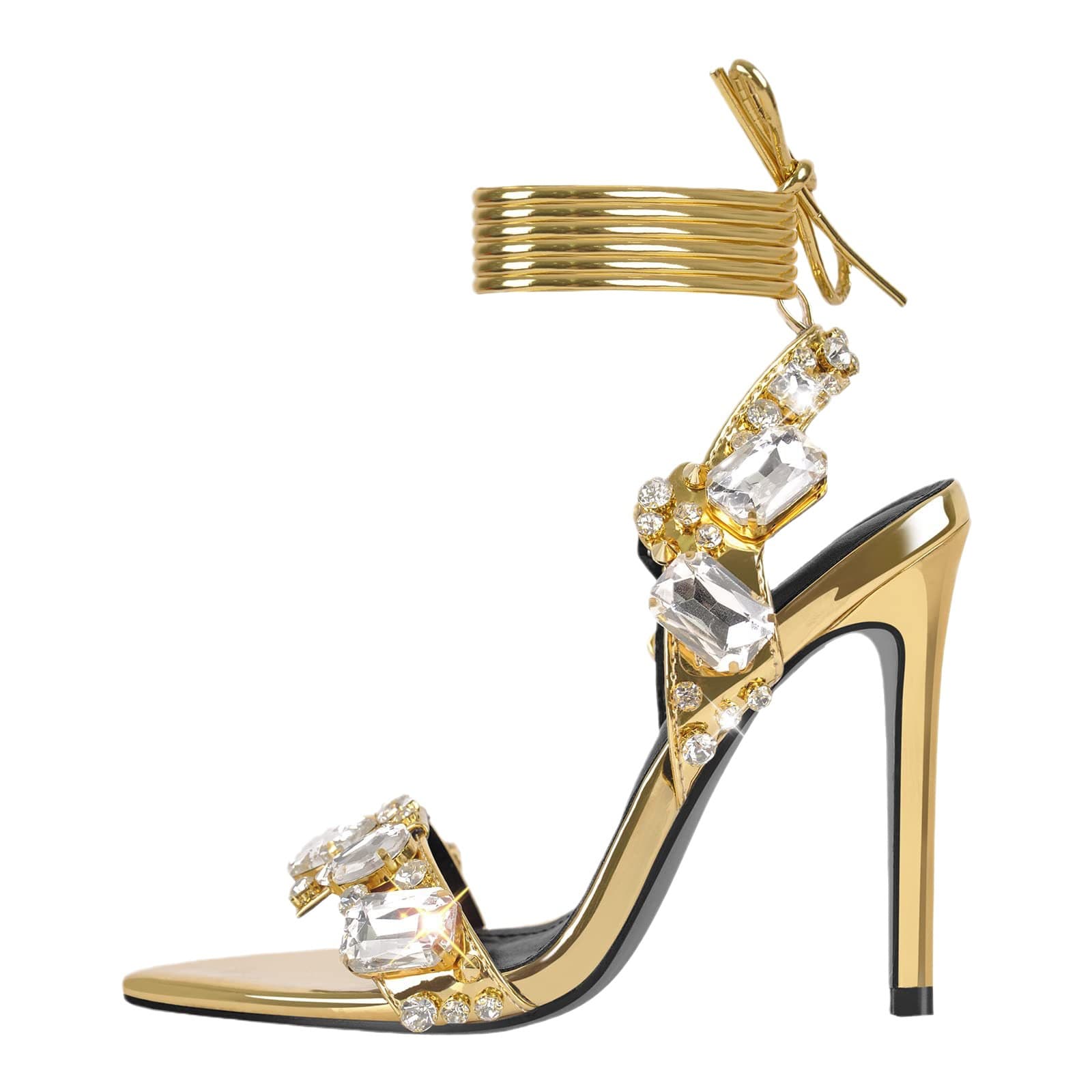 Women's Shoes 11cm New Pointed Gold Foreign Trade Rivet Rhinestone Stiletto Heels Summer Sandals Fashion Large Size Shoes