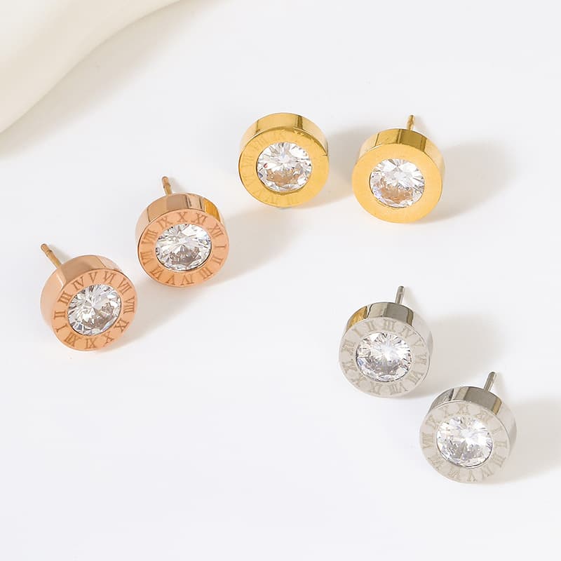 Women's Earrings Fashion Round Diamond Roman Numeral Titanium Steel Earrings Female Net Celebrity Temperament All Match Earrings Earrings Trend