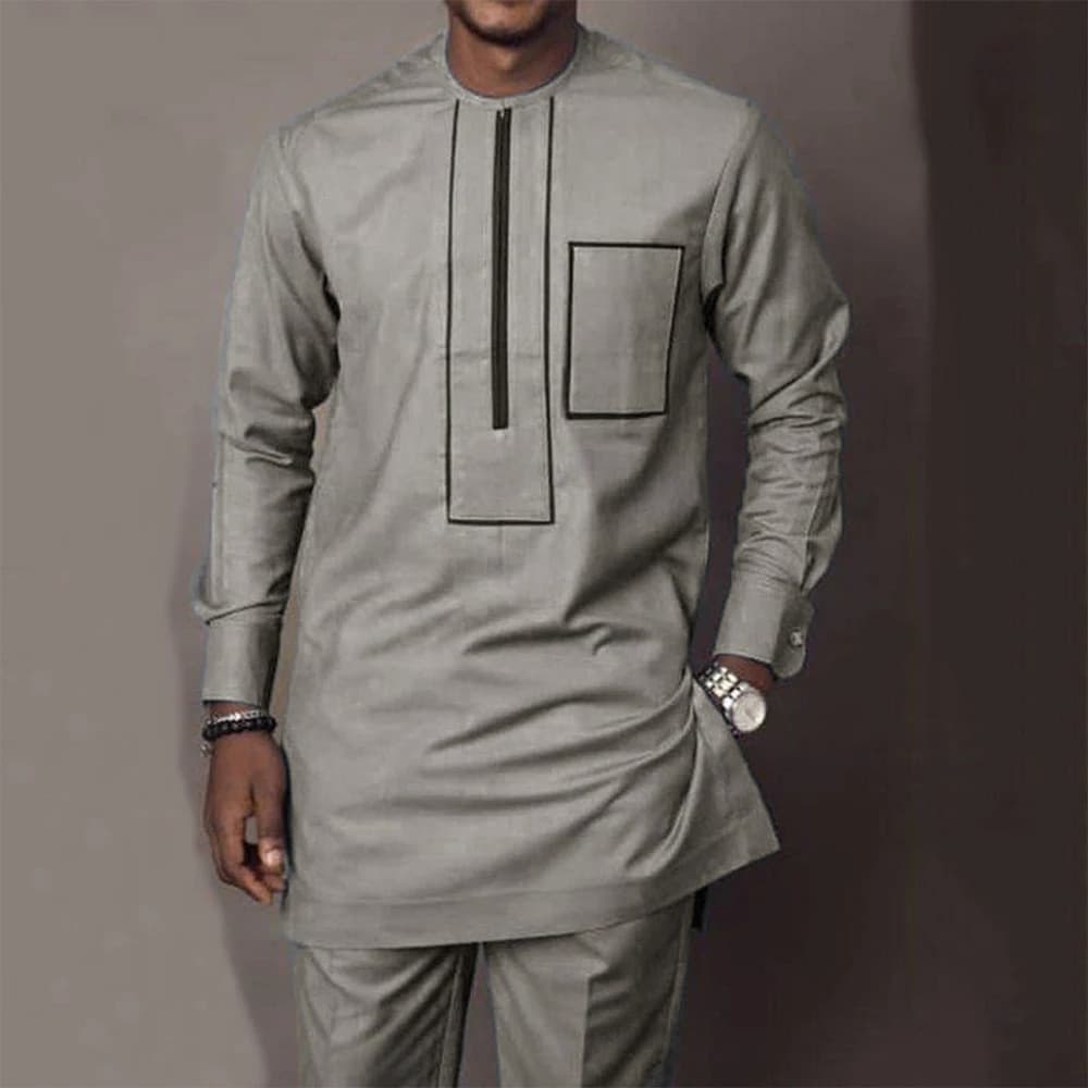 Costume noir africain décontracté brodé pour homme, manches longues, idéal pour les mariages et les banquets.
