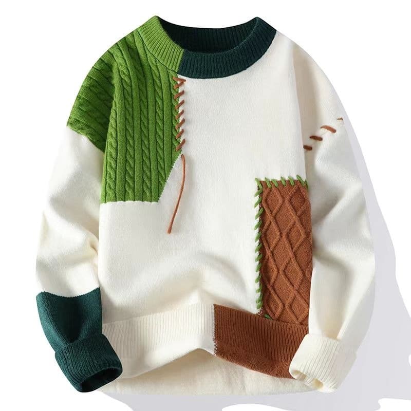 Color blocking round neck sweater men's autumn and winter knitted sweater men's winter lazy style loose fitting sweater jacket