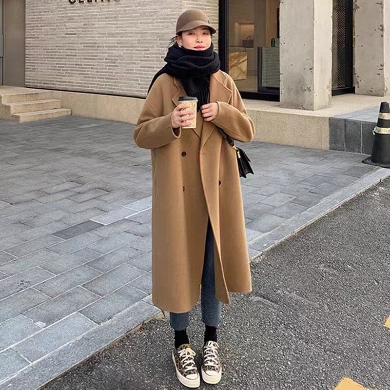 2022 Camel Woolen Coat Women's Mid-length Autumn and Winter Elegant Korean Fashion Double-breasted Woolen Coat Trendy