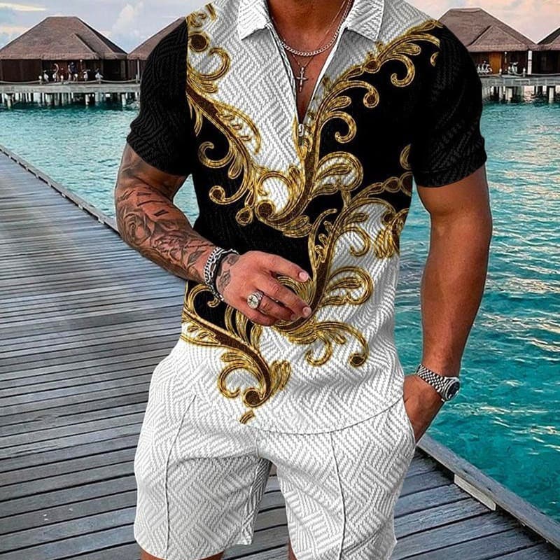 Men's Lapel Zipper Polo Shirt Shorts Set Plus Size Men's Casual 3d Printed Sports Suit