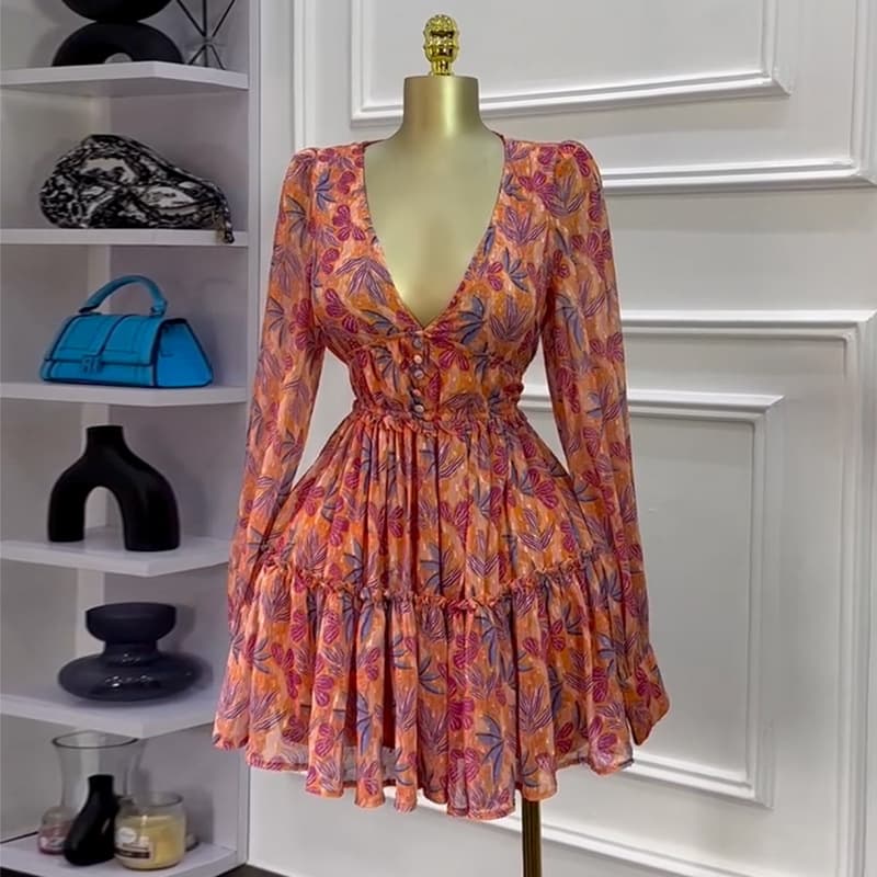 Women's Clothing Spring New Sweet Fresh Print V Neck High Waist Slim Dress Short Skirt