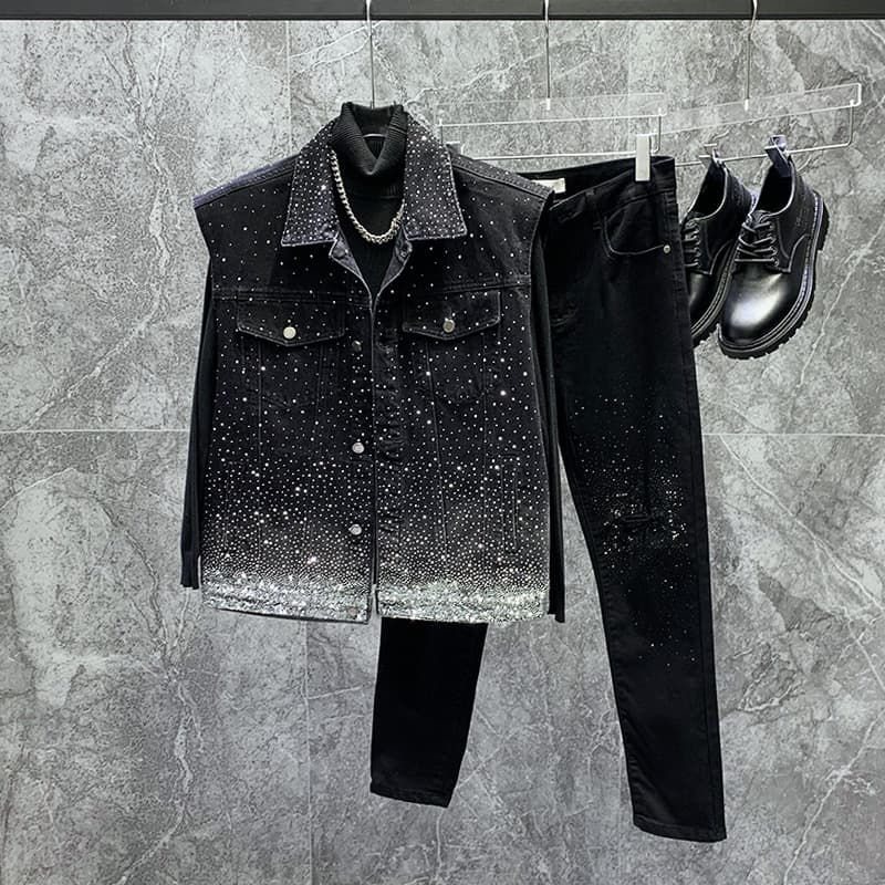 Men's Clothing High Grade Heavy Duty Hot Drilled Star Studded Denim Vest Jacket Street Rocking And Versatile Loose Sleeveless Vest
