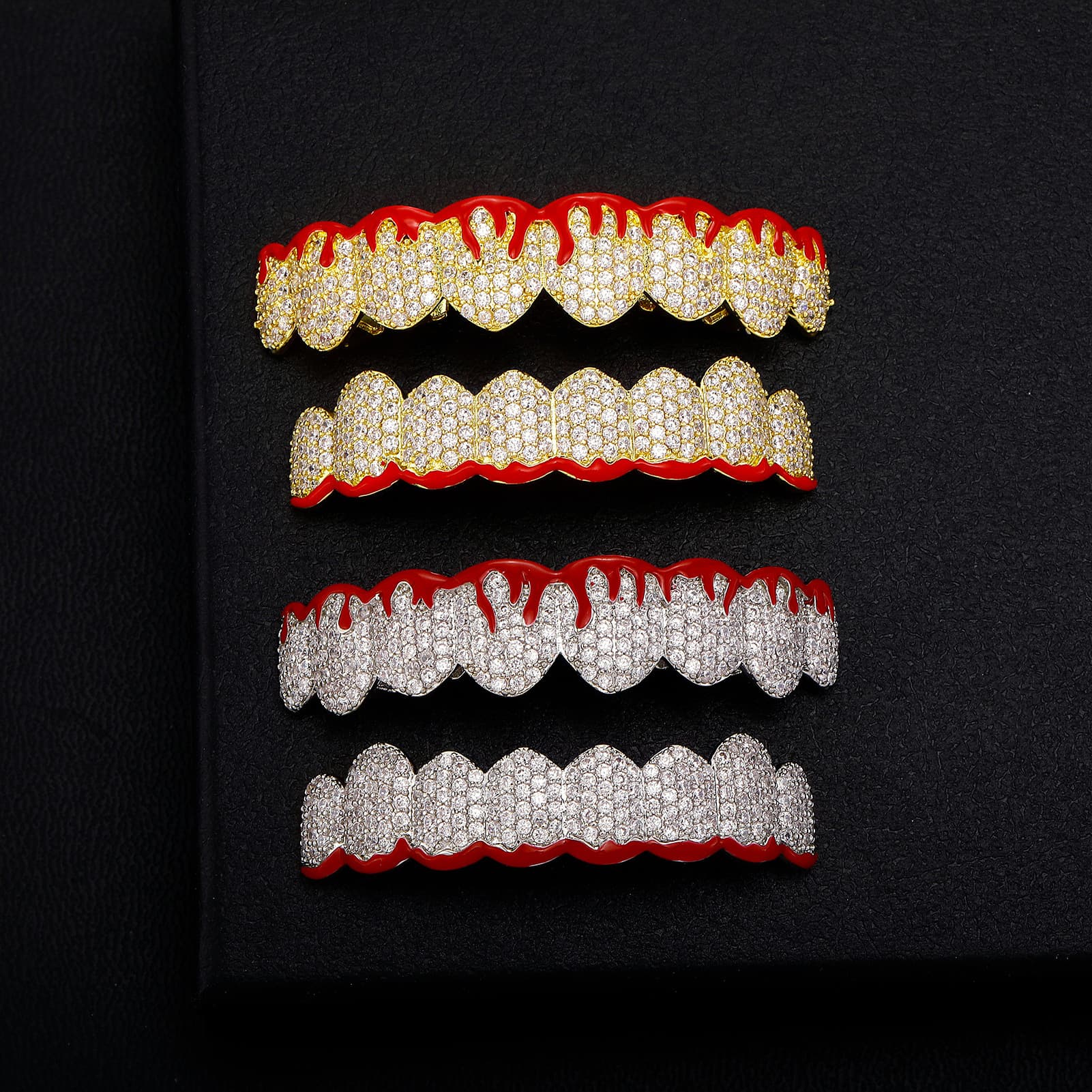 Christmas Unisex Gold & Silver Hip Hop Grillz With Flame & Diamond Design - Perfect For Halloween, Cosplay & Fashion
