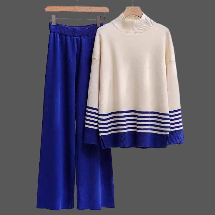 Elegant Knit Top & Wide-Leg Pants Set - Women's Casual Office Wear, Striped & Color-Blocked, Soft Polyester Blend, Versatile Matching Outfit