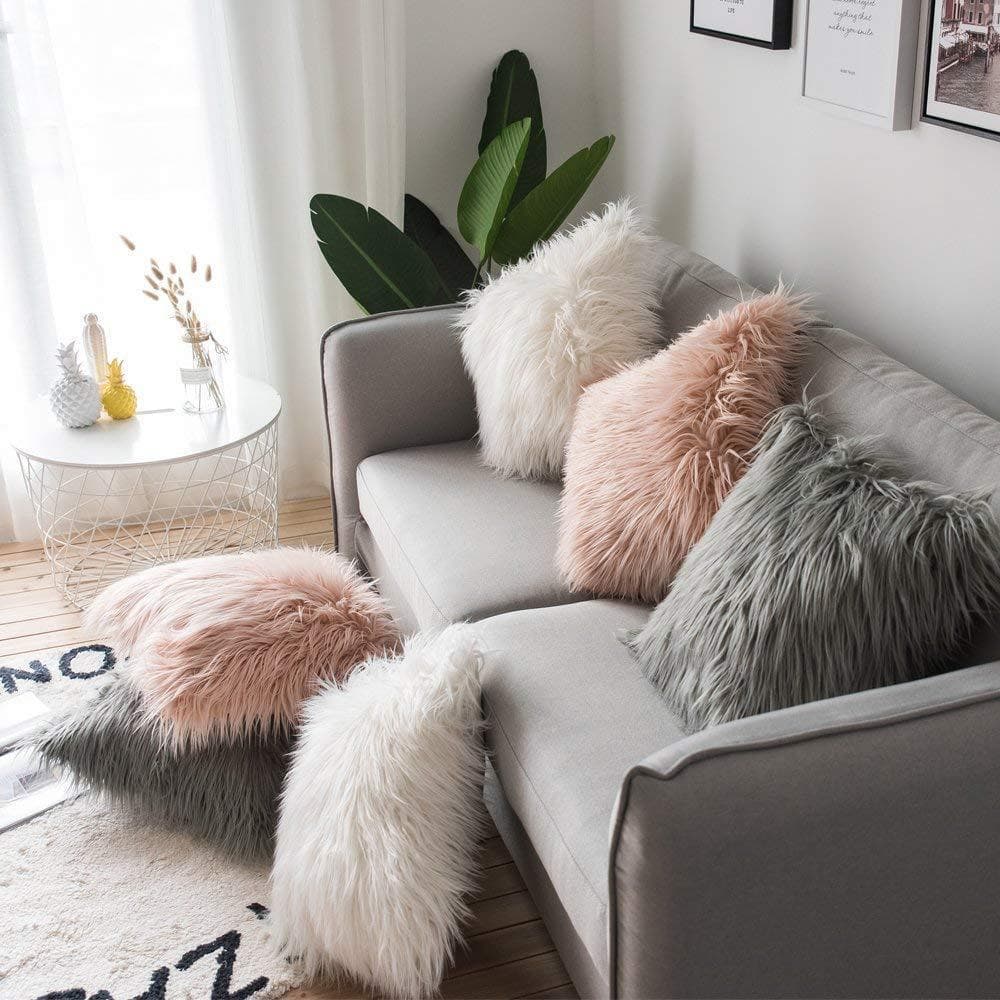Home Garden Wool Plush Car Decorative Pillow Sofa Cushion Solid Color Long Hair Pillowcase